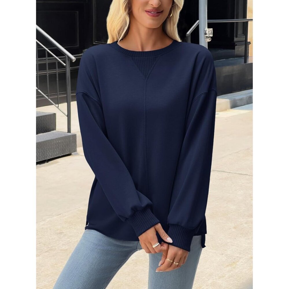 Womens Oversized Sweatshirt Knit Long Sleeve Crewneck Casual Fall Outerwear - Picture 4 of 7